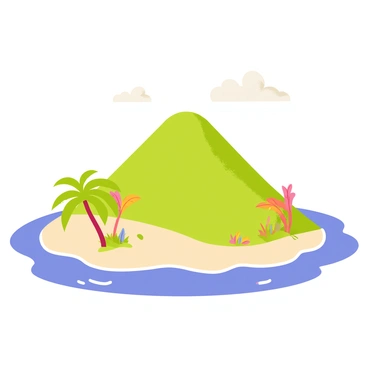 A small tropical island featuring a green dormant volcano with a gently sloping peak. The island is covered in lush palm trees and vibrant tropical plants. Clear blue water surrounds the island, with gentle waves lapping at the sandy shoreline. A few fluffy white clouds drift in the bright blue sky above, adding to the picturesque scene.