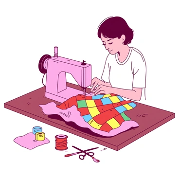 A pink sewing machine is positioned on a wooden table, with a person sitting in front of it, focused on their work. The person has short black hair and is wearing a white shirt. In their hands, they are guiding a large piece of fabric through the sewing machine. Surrounding the sewing machine are various colorful fabric squares in red, yellow, green, and blue, each showcasing unique patterns. The quilt being created is spread out beside the person, showing an intricate patchwork design made up of these vibrant pieces. Scissors and spools of thread in matching colors are scattered across the table, adding to the creative atmosphere.
