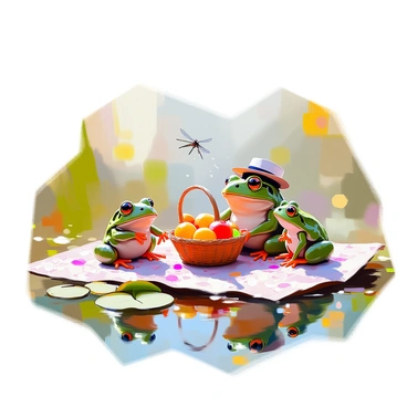 A frog family is gathered by a tranquil pond, enjoying a picnic on an intricately patterned Victorian picnic blanket. The frogs are sitting contentedly, with a parent frog wearing a small hat and two young frogs eagerly reaching for a basket filled with colorful fruits. The surface of the pond reflects the surrounding greenery, and nearby lily pads provide additional detail to the scene. A few dragonflies hover above, adding life to the peaceful atmosphere.