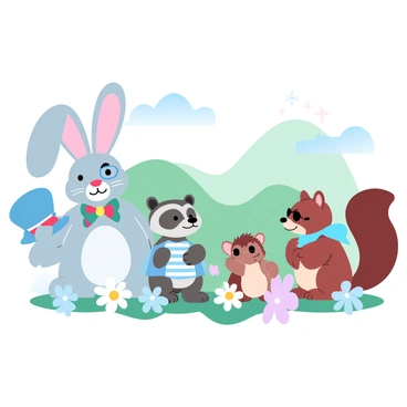 A group of animals is gathered in a meadow filled with vibrant wildflowers. A rabbit is wearing a colorful, oversized bow tie and a little top hat. Next to the rabbit, a raccoon is dressed in a striped vest and a small monocle. A hedgehog is sporting a tiny cape and sunglasses, sitting among the flowers. Nearby, a squirrel has on a bright bandana and is holding a nut. A backdrop of rolling green hills can be seen behind them, adding to the lively atmosphere of the scene.