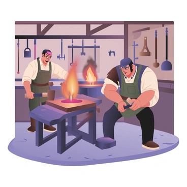 A digital flat illustration depicting a blacksmith workshop. In the center, a blacksmith with medium skin and a muscular build is hunched over a anvil, shaping a piece of red-hot iron with a hammer. The forge behind him is glowing bright orange and red, emitting flames and smoke. To the left, a second blacksmith with light skin, wearing a leather apron and protective goggles, is operating a bellows, sending air into the forge. The workshop is filled with tools like hammers, tongs, and metal rods hanging on the walls. A few sparks are flying from the anvil as the blacksmith strikes the iron. The setting has a rustic feel, with wooden beams and a stone floor.