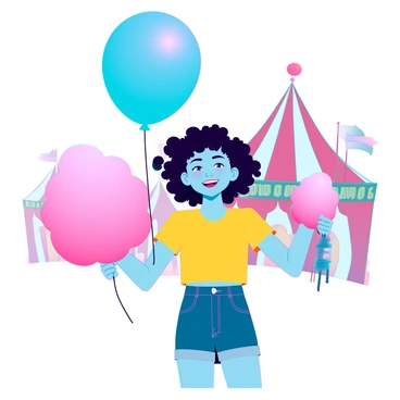 A cheerful child with light brown skin and curly hair stands in a brightly colored carnival setting. The child is wearing a vibrant yellow shirt and denim shorts. In one hand, the child is holding a large, round balloon that is a glossy blue color, floating above with a string trailing down. In the other hand, the child is gripping a big fluffy pink cotton candy, which is almost as large as their head. The background features colorful tents and carnival rides, creating a lively atmosphere.