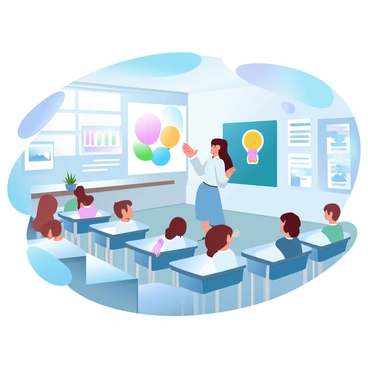 A classroom scene with a teacher explaining tonsils using colorful visual aids on a board.
