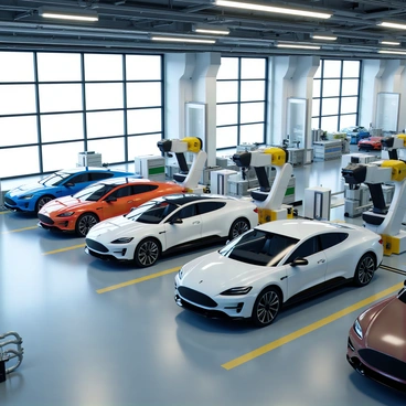 A large factory interior featuring a high-tech assembly line for sleek electric cars. The factory has large windows allowing natural light to illuminate the space. On the assembly line, several electric cars in various stages of production are visible, showcasing their smooth curves and modern designs. Robotic arms are actively working on the cars, applying components with precision. The floor is clean and organized, with tools and parts neatly arranged. Advanced machinery surrounds the area, indicating a focus on cutting-edge technology. Bright overhead lights enhance the industrial ambiance of the environment.