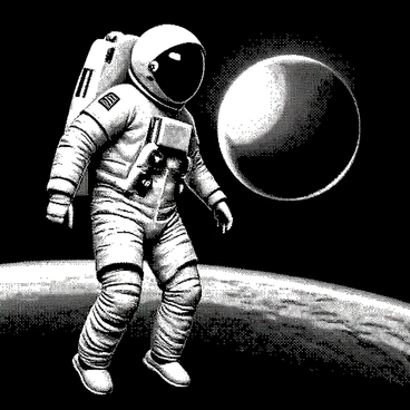An astronaut is floating in space, wearing a vintage-inspired space suit that has a classic design with a rounded helmet and distinct detail. The suit features various patches and textures, emphasizing its retro aesthetic. Nearby, a large planet glows with a bright luminescence, casting a radiant light that reflects off the astronaut's helmet. The vastness of space surrounds them, adding depth to the scene, while the planet's surface showcases detailed textures and shapes.