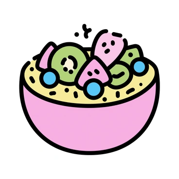A colorful smoothie bowl made from "guava," presenting a vibrant pink base. The surface is adorned with a layer of "golden granola," providing a crunchy texture. Various "slices of kiwi" and "strawberries" are arranged artfully on top, along with "blueberries" scattered throughout for contrast. The bowl is round and sits on a simple white surface.