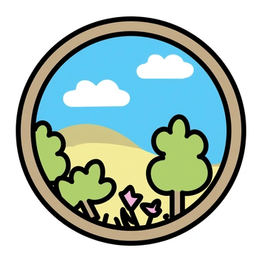 A circular window frame with a wooden finish, showcasing a colorful scene outside. Bright green trees with dense foliage can be seen in the foreground, along with a clear blue sky dotted with fluffy white clouds. In the distance, a small hill rises, with a patch of wildflowers adding splashes of color. The circular shape of the window creates a perfect border around this view, emphasizing the vibrant nature outside.
