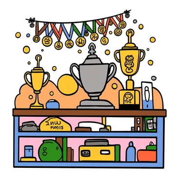 A shelf with multiple shiny tennis trophies, each reflecting light, is filled with an assortment of medals hanging above them. The trophies vary in size and design, showcasing a gold cup, a silver trophy with a player figure on top, and a tall, ornate championship trophy. The medals, in various metallic colors, are neatly arranged alongside the trophies, some displayed on ribbons in vibrant colors. The background features a cozy room, with warm colors and personal items that indicate it is a player's home. Soft light spills into the scene, highlighting the trophies and medals, accentuating their shine and importance.