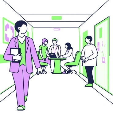 A health minister with short hair is walking through a hospital corridor. They are wearing a formal suit and holding a clipboard in their left hand. The corridor is brightly lit, featuring medical posters on the walls. In the background, several hospital staff members, including a nurse in scrubs and a doctor in a white coat, are engaged in conversation. The minister is approaching a room where a meeting is taking place, with a round table set up inside. The table is surrounded by chairs and contains documents and a laptop.