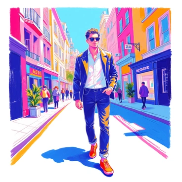 A male figure resembling a famous soccer player is walking confidently down a city street. He is wearing a tailored black blazer over a fitted white shirt, paired with slim-fit dark jeans. His shoes are stylish leather sneakers. He has short hair styled neatly and is wearing sunglasses. The surrounding cityscape features tall buildings, storefronts, and pedestrians in the background. A few trees line the street, and the sky is clear, suggesting a bright day. The atmosphere is vibrant with urban life.