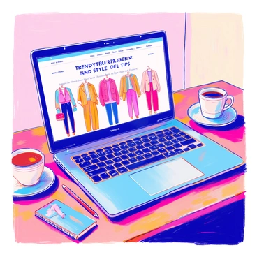 A laptop is open on a wooden table. The screen displays a fashion blog titled "Trendy Outfits and Style Tips" in bold letters. Below the title, there are vibrant images of various outfits, showcasing a mix of casual and formal attire. Each outfit is styled with accessories like bags and shoes. On the side of the screen, there are sections labeled “Latest Trends” and “Style Inspiration.” A cup of coffee sits next to the laptop, and a small notepad with a pencil lies nearby.