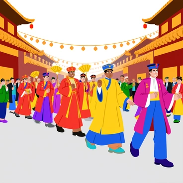 A grand imperial procession featuring multiple Qing officials dressed in vibrant traditional robes. The officials are walking in a line, showcasing a variety of intricate patterns and colors in their garments, such as deep red, royal blue, and golden yellow. Each official is wearing a distinctive hat adorned with colorful tassels and emblems. The scene is set in a bustling street of Beijing, filled with spectators watching in awe. Traditional Chinese buildings with ornate roofs and decorative elements line the street, creating a historical backdrop. Lanterns are strung overhead, adding warmth to the atmosphere. Some officials hold ceremonial scrolls, while others display ornate fans, enhancing the visual richness of the procession.