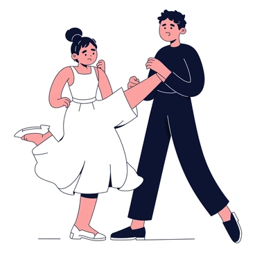 A dancer with dark hair pulled back into a tight bun is wearing a flowing white dress. They are standing on one leg, with their other leg slightly raised in a dance pose. The dancer has a pained expression on their face, wincing as their partner, dressed in a black shirt and pants, has accidentally stepped on their toes. The partner looks surprised and slightly apologetic, maintaining a steady stance beside the dancer. The background is a simple wooden dance floor, enhancing the focus on the dancers' expressions and movements.