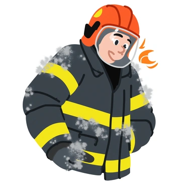 A close-up of a firefighter's protective gear, including a shiny helmet, heavy-duty jacket, and gloves, all covered in gray ash. The helmet has a clear visor that reflects light and debris. Charred particles cling to the textured fabric of the jacket, which features bright reflective stripes. The gloves are scuffed and show signs of wear, with ash embedded in the seams. In the background, hints of flickering flames can be seen, emphasizing the gear's purpose. The overall composition highlights the resilience and dedication of firefighters in their line of duty.