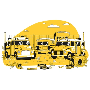 A cluttered yard filled with several old buses in various states of repair. Some buses are partially covered in rust, with peeling paint and broken windows. Others stand upright, showing signs of recent maintenance with fresh black paint on parts of the body. The ground is uneven, scattered with tools such as wrenches and tires. Weeds and wildflowers grow around the buses, adding to the overgrown feel of the environment. In the background, there is a worn-out fence that encloses the yard, and a few scattered clouds in the sky overhead.