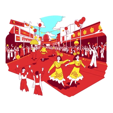 A red street is filled with a vibrant parade atmosphere. Colorful floats are decorated with yellow flowers and streamers, moving along the route. Dancers in bright costumes are performing lively routines, showcasing intricate patterns and vibrant colors. The crowd is cheering, with people waving and holding up banners. Balloons in various shapes float above the scene, adding to the festive mood. The sunlight shines down, illuminating the joy and excitement of the celebration.