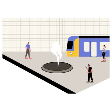A subway platform with a gray concrete floor and tiled walls. In the center, there is a circular manhole cover made of dark metal. Steam is rising from the edges of the cover, creating wisps that fade into the air. A few commuters can be seen waiting near the edge of the platform, dressed in casual clothing and looking at their phones. The background features a subway train approaching, with bright blue and yellow colors on its exterior.