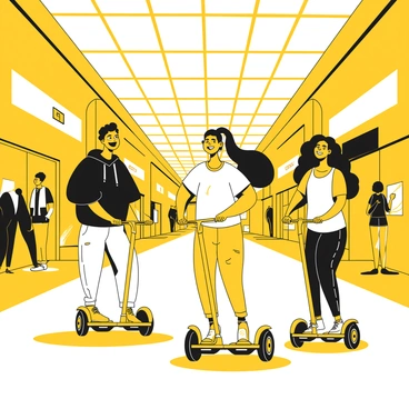 A group of three teenagers riding mini segways inside a large shopping mall. One teenager has short hair and is wearing a black hoodie with jeans, while another has long hair tied in a ponytail, dressed in a yellow t-shirt and shorts. The third teenager is wearing a white tank top with black leggings. They are laughing and posing for a picture as they glide past store windows displaying various colorful items. The mall has a high ceiling with large skylights allowing natural light to flood the space. In the background, shoppers can be seen browsing at different stores.