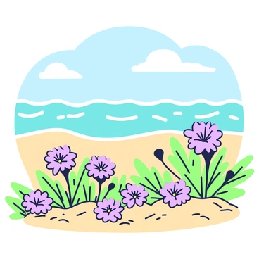 A view of aster flowers growing along a sandy beach with gentle ocean waves