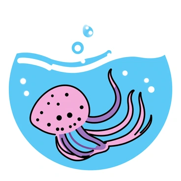 A vibrant sea anemone, with long, flowing tentacles in shades of pink and purple, is partially submerged beneath the water's surface. The sunlight casts shimmering reflections on the water, creating a pattern of light that dances on the anemone's body. The surrounding water is a clear blue, revealing hints of the ocean floor below. Small bubbles rise to the surface, enhancing the sense of movement in this underwater scene.
