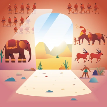 A panoramic view of a desert cave is depicted, with ancient African rock paintings on its walls. The cave walls are adorned with vibrant, ochre-red and deep brown illustrations of animals, including a large elephant and a group of running gazelles. There are also human figures dancing, painted in earthy tones. The floor of the cave is scattered with small rocks and sand, reflecting the arid environment outside. Sunlight streams into the cave from an opening above, casting soft shadows that highlight the intricate details of the rock paintings. The surrounding landscape visible outside the cave features golden sand dunes and sparse vegetation.