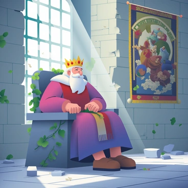 An old king with a long white beard and deep wrinkles is sitting on a crumbling stone throne. He is wearing a worn, golden crown adorned with rubies and a faded royal robe that drapes over the edges of the throne. The castle hall is deserted, with cracked stone walls and ivy creeping through the gaps. Dust particles float in the air, illuminated by shafts of sunlight filtering through broken stained glass windows. To the side, a large tapestry depicting a historical battle hangs partially torn, and scattered debris lies on the cold stone floor around the throne.