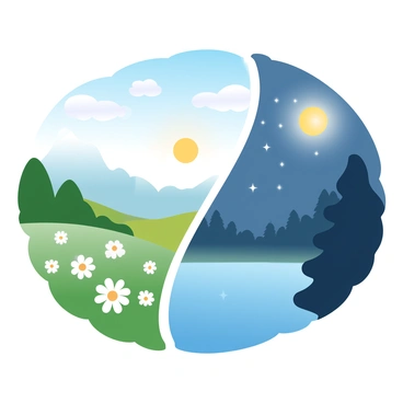 A landscape features a split scene with one half illuminated by daylight and the other shrouded in nighttime. The daylight side displays a sun shining brightly over a green meadow filled with wildflowers. A clear blue sky with soft, fluffy clouds enhances the vibrant colors of the scenery. On the nighttime side, a glowing moon hangs above a calm lake, reflecting the starlit sky filled with twinkling stars. Dark silhouettes of trees frame the scene, adding depth to the peaceful atmosphere. The transition between the two halves is seamless, creating a harmonious blend of day and night.