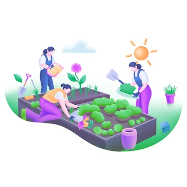 A community garden scene showing volunteers working together. One volunteer is kneeling in the soil, planting vibrant flowers, while another is standing beside her, holding a watering can. Nearby, a third volunteer is planting rows of lush green vegetables. Various gardening tools, such as a spade and a trowel, are scattered around the garden beds. The sun is shining brightly, casting soft shadows on the ground, and colorful flower pots are placed along the garden's edges.