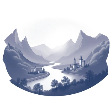 A panoramic view from Rivendell showcasing a majestic landscape. The scene features towering mountains with sharp peaks that rise dramatically into the sky. The river below winds through the valley, reflecting the light of the setting sun. The architecture of Rivendell can be seen in the foreground, with elegant elven structures blending harmoniously with the natural surroundings. Silhouettes of trees line the riverbank, enhancing the depth of the scene. The overall ambiance suggests tranquility and the beauty of nature at dusk.