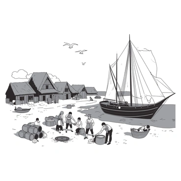 A small settlement by the sea features several rustic wooden buildings with thatched roofs. In the foreground, a group of settlers is busy preparing for a voyage, rolling barrels and checking ropes. Some settlers are loading supplies onto a large ship anchored close to the shore. The ship has white sails ready to catch the wind. In the background, gentle waves lap against the sandy beach, and a few smaller boats are moored nearby. Seagulls circle overhead, adding to the lively atmosphere of the scene.
