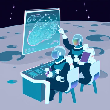 A group of three astronauts in sleek, futuristic space suits is gathered around a high-tech console on a moon station. The moon's grey surface stretches out in the background, dotted with craters and rocky formations. The astronauts are intently focused on a glowing, holographic celestial map displayed above the console. Their helmets reflect distant stars, while one astronaut gestures towards a cluster of stars, aligning them with a digital interface. Another astronaut is pointing to a specific region of the map, while the third is taking notes on a tablet. The scene is illuminated by soft blue lights from the station, creating a stark contrast with the dark expanse of space behind them.