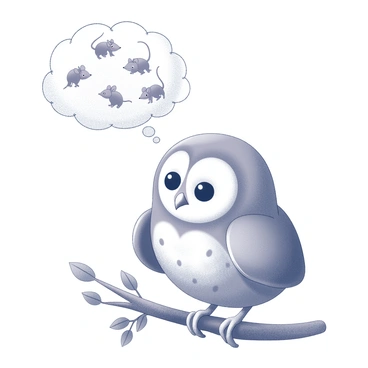 A baby owl with large, round eyes is perched on a branch. Its feathers are soft and fluffy, showcasing a delicate texture. Above its head, a thought bubble emerges, filled with images of tiny mice and worms. The mice are depicted with small, rounded bodies and tiny ears, while the worms have a characteristic long, curly shape. The background features subtle foliage, enhancing the setting of the owl in its natural habitat. The overall scene captures a whimsical moment of imagination in a forest environment.