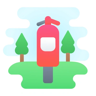 A fire extinguisher mounted on a sturdy post in a public park, surrounded by green grass and a few trees in the background.
