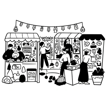 A crowded marketplace filled with various stalls. Each stall displays an array of "magical artifacts" and "charms," with intricate designs and unique shapes. The stalls are covered with colorful awnings creating an inviting atmosphere. Customers are seen examining items, while vendors enthusiastically demonstrate their "magical products." In the background, there are decorative banners and lanterns hanging between the stalls, enhancing the vibrant energy of the scene. Various textures and patterns can be seen on the artifacts, suggesting a variety of materials used in their crafting.