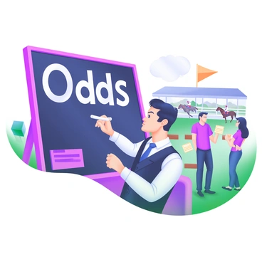 A large chalkboard stands prominently in the foreground, displaying the words "Odds" in bold, white lettering. A bookmaker, a man dressed in a smart vest and tie, is focused on writing new odds with a piece of chalk. He has a concentrated expression as he leans slightly forward. Around him, a bustling race track is filled with spectators, some holding tickets, and chatting excitedly. Colorful banners flutter in the background, while a few horses and jockeys can be seen in a pen ready for the race. The atmosphere is lively with people in casual and fashionable attire, creating a sense of anticipation.