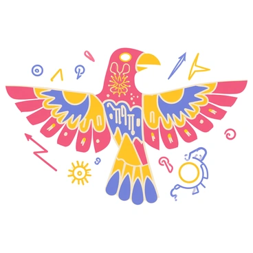 A vibrant tribal artwork featuring a stylized thunderbird with intricate patterns