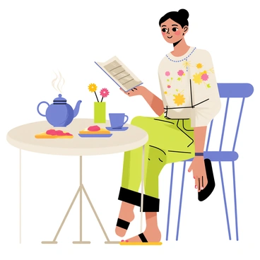 An afternoon tea scene with Frances enjoying tea and toast with jam while reading a book.