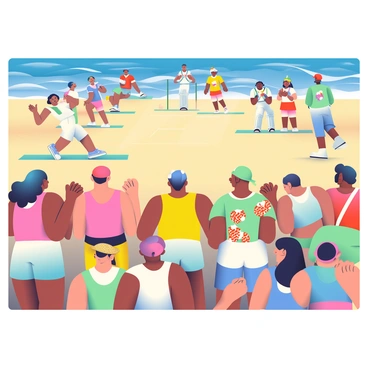 A diverse group of spectators is gathered on the sidelines of a beach cricket match, cheering and clapping enthusiastically. Among them, individuals of various ages and backgrounds are wearing colorful summer outfits, such as bright tank tops, floral print dresses, and straw hats. Some are holding refreshments like cold drinks and snacks. In the background, the sandy beach is busy with people enjoying the sun, while the vibrant blue ocean waves crash nearby. The cricket match features players in white and colored jerseys, with one bowler in action, preparing to deliver the ball. The overall atmosphere is lively and filled with excitement.