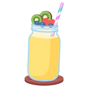 A jar filled with a creamy yuzu smoothie is placed on a wooden surface. The smoothie has a vibrant yellow hue, suggesting its refreshing flavor. On top of the smoothie, a variety of fresh fruit, including slices of kiwi, strawberries, and blueberries, are beautifully arranged. A cute straw with alternating colors is resting against the side of the jar. The overall composition conveys a sense of freshness and vitality.