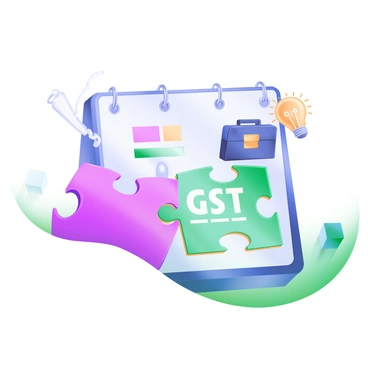 A modern pastel illustration depicting a large jigsaw puzzle. One of the pieces, prominently labeled "GST" in bold letters, is being placed into a larger section of the puzzle that represents a business strategy. The surrounding pieces include symbols such as a briefcase, a lightbulb, and a graph. The overall scene conveys the sense of collaboration and integration within a strategic framework.