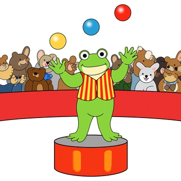 A bright green frog wearing a tiny red and yellow-striped vest stands on a small stage, confidently juggling three colorful balls in the air. The balls are red, blue, and yellow, each gleaming in the light. The frog has big, expressive eyes and a wide smile, showcasing its playful nature. In the background, a lively crowd of various cartoon animals, including a bear, a rabbit, and a mouse, are clapping and cheering excitedly. The scene is filled with vibrant colors, capturing the festive atmosphere of the circus.