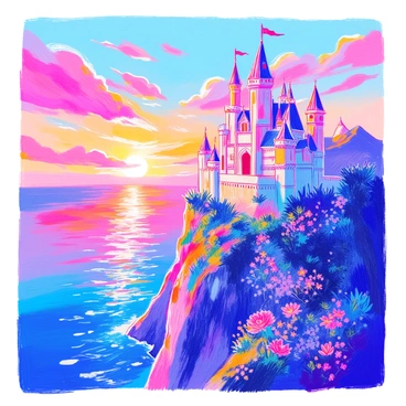 A magical fairytale castle is perched on a steep cliff. The castle has tall spires and intricately designed turrets with flags fluttering at the top. The sky is filled with vibrant hues of orange, pink, and purple as the sun sets in the background. The cliff is adorned with greenery and flowers, showcasing a lush landscape. Below, the ocean sparkles with the reflection of the colorful sky. The scene feels enchanting and inviting, drawing attention to the majestic structure atop the cliff.