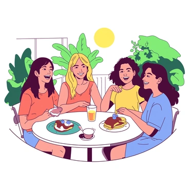 A group of four friends is seated around a white patio table on a sunlit garden patio. They are enjoying a leisurely brunch with colorful plates of food in front of them. One friend is laughing while holding a glass of orange juice, another is reaching for a blueberry muffin on a teal plate. A third friend smiles while taking a bite of avocado toast, and the fourth is pouring syrup over a stack of pancakes. Lush green plants surround the patio, adding vibrancy to the scene, and the sun casts warm light across their joyful expressions.