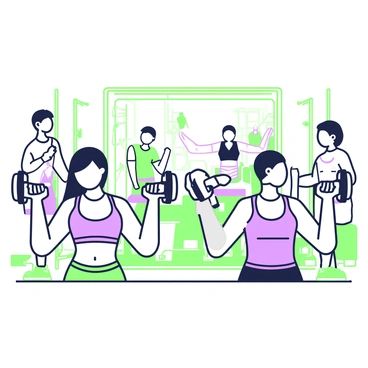A weightlifting club scene is depicted with multiple members engaged in lateral raises. In the foreground, two individuals are positioned side by side, each holding a dumbbell in their hands, arms extended upwards. One member has a focused expression and wears a fitted tank top, while the other has a determined look, dressed in a sports t-shirt. In the background, additional club members are visible, some lifting weights and others cheering. The room is filled with various gym equipment, including benches and a mirror reflecting the enthusiastic atmosphere of the workout session.