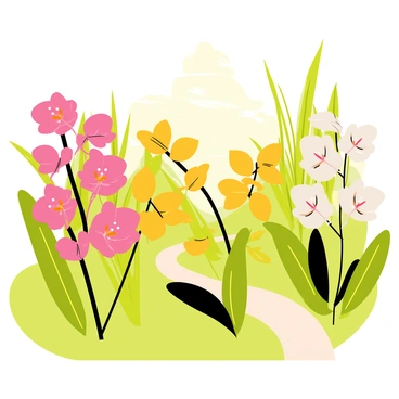 A vibrant display of "orchids" in various shapes and colors is situated in a "botanical garden." The scene features "pink orchids" with long petals, "yellow orchids" with rounded blooms, and "white orchids" with delicate markings. Each orchid is surrounded by lush green leaves, enhancing the colors. The background includes "tall green plants" and "softly lit pathways" winding through the garden. Sunlight filters through the leaves, casting gentle shadows on the ground.