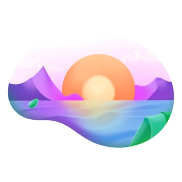 A landscape featuring a low-poly sunset with vibrant colors, showcasing shades of orange, pink, and purple blending in the sky. The sun is depicted as a large, geometric shape sinking towards the horizon. Below, a calm sea reflects these vivid hues, with gentle waves illustrated in a low-poly style. Silhouettes of distant mountains can be seen to the sides, adding depth to the scene.