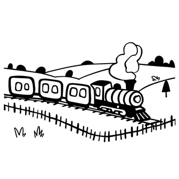 A black-and-white illustration of a train with carriages made entirely out of bacon, rapidly moving across a rural landscape. The train is set on a track that winds through fields, with a few trees scattered in the background. Puffs of steam billow from the train's engine, adding to the sense of speed. The bacon carriages appear detailed, with visible texture and layers. In the foreground, there are patches of grass and a fence lining the train tracks.