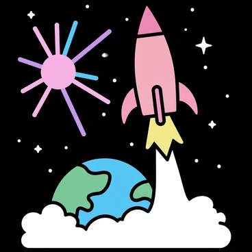 A cartoon-style rocket, featuring bright red and yellow colors with a sleek design, is blasting off from Earth. The rocket is surrounded by billowing white smoke as it ascends. Below, the Earth is depicted in shades of green and blue, with visible continents and clouds. In the backdrop of space, a colorful pulsar emits vibrant beams of light, showcasing shades of pink, blue, and purple, creating a striking contrast against the black sky filled with scattered stars.