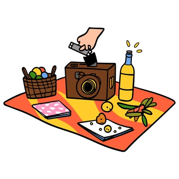 An old-fashioned camera with a wooden body and brass accents is set up on a brightly colored picnic blanket. The camera is positioned at an angle, showcasing its vintage lens and intricate detailing. A hand is shownLoading a film roll into the camera, with the film being black and white. Surrounding the camera are various picnic items, including a wicker basket filled with fresh fruits, a checkered napkin, and a bottle of lemonade. Bright sunlight creates a cheerful atmosphere, casting soft shadows on the blanket and highlighting the textures of the picnic setup.
