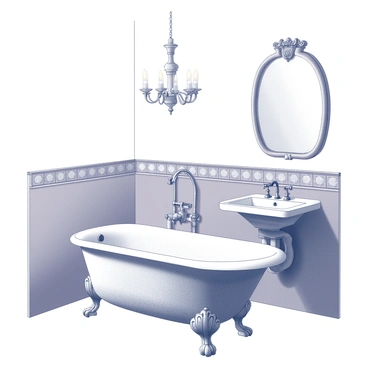 A bathroom designed in a 1920s style featuring a classic porcelain bathtub prominently positioned in the center. The bathtub has intricate detailing along the edges and elegant claw feet. Surrounding the bathtub are ornate fixtures, including a vintage faucet with a curved spout and lever handles. The walls are adorned with patterned tiles, and there is a large, elegantly framed mirror above a stylish sink. A delicate chandelier hangs from the ceiling, adding a touch of sophistication to the space.